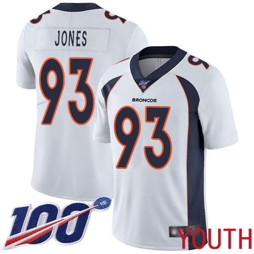 Youth Denver Broncos 93 Dre Mont Jones White Vapor Untouchable Limited Player 100th Season Football NFL Jersey